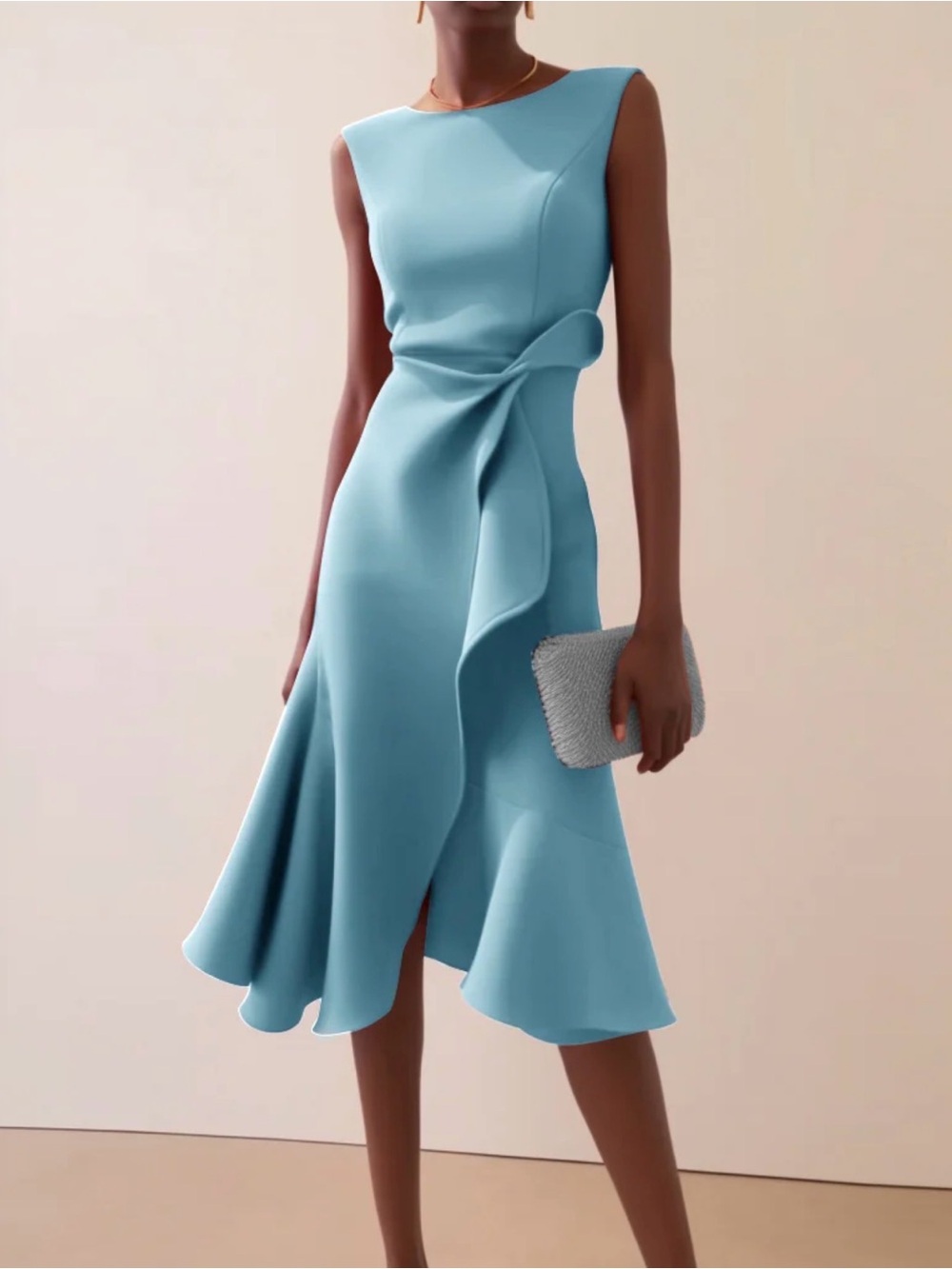 Fehaute Light Blue Elegant Sleevless Midi A-line Dress with Waist Twist